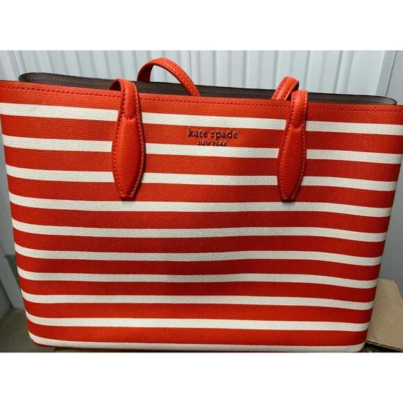 Kate Spade All Day Sailing Stripe Large Tote Orange White Pouch